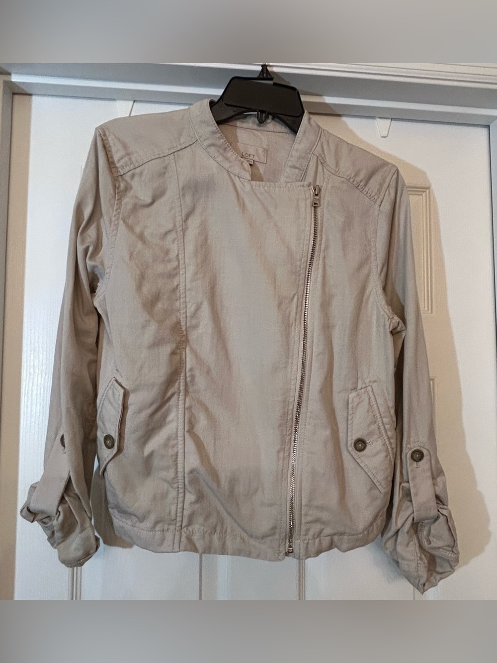LOFT Beige Asymmetrical Zip Utility Jacket Size M